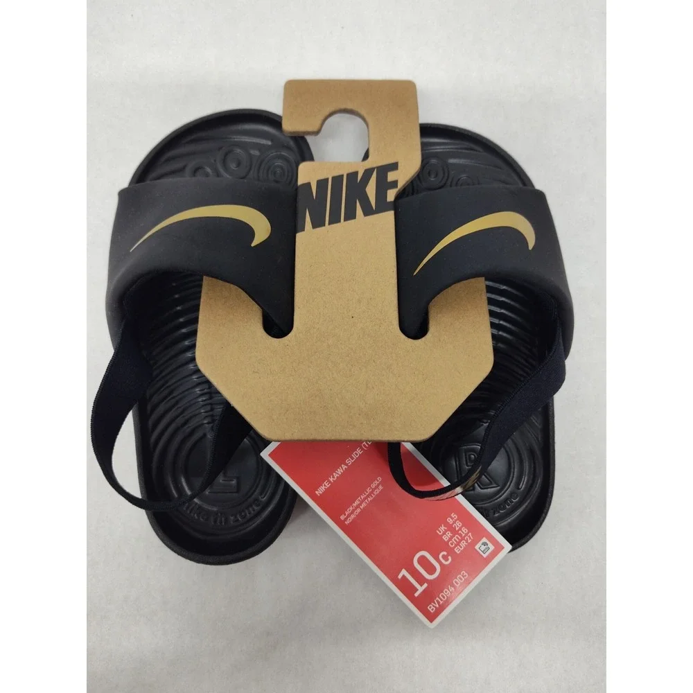Nike Toddler‎ Kawa Slides Sandals BV1094-003 Black Metallic Gold Sz 10